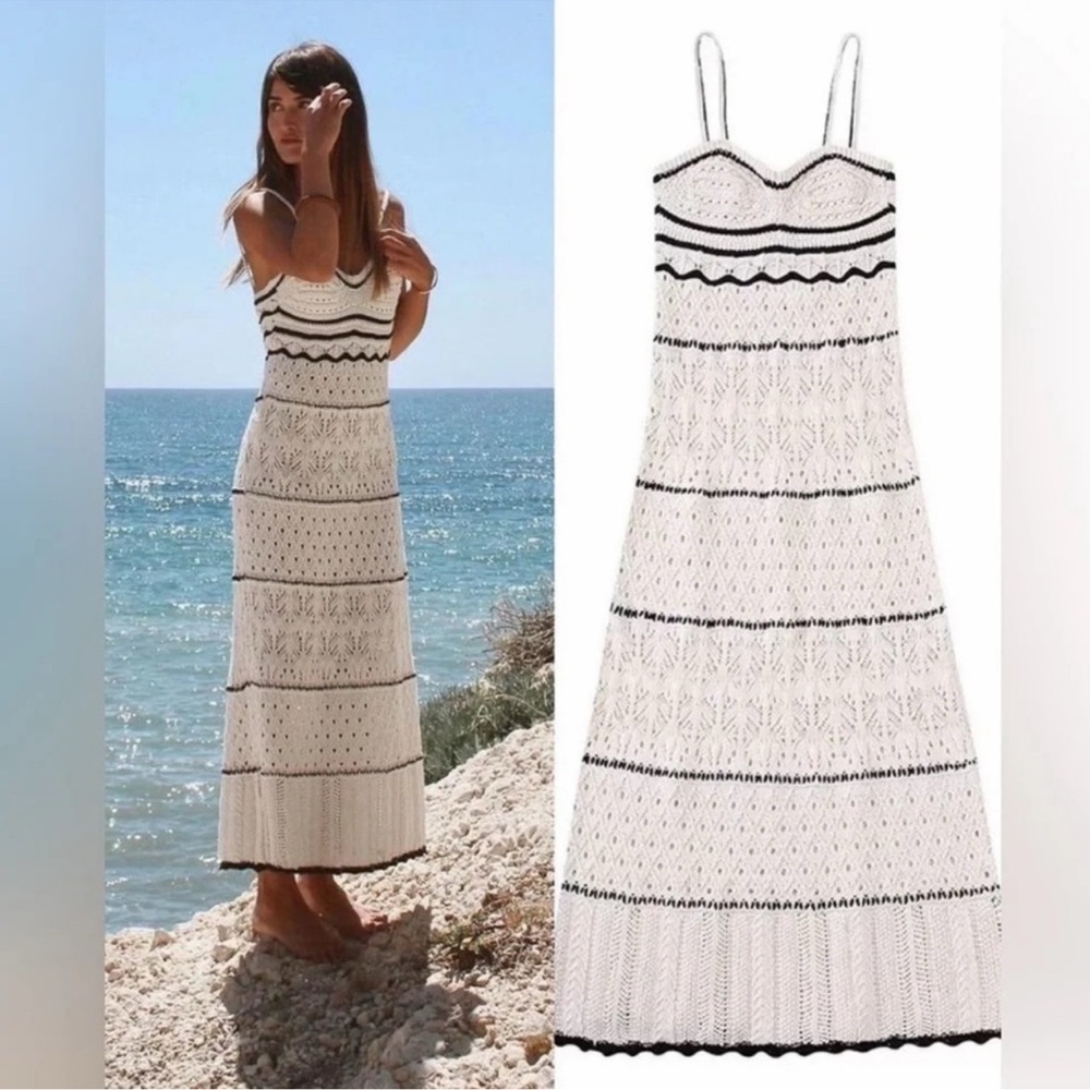 Lucky Brand Crochet Midi Dress Sleeveless White Black Womens Large - Picture 1 of 9